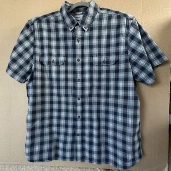 Mens 2XL Blue White‎ Plaid Carhartt Button Down Short Sleeve Dress Shirt - Picture 2 of 5